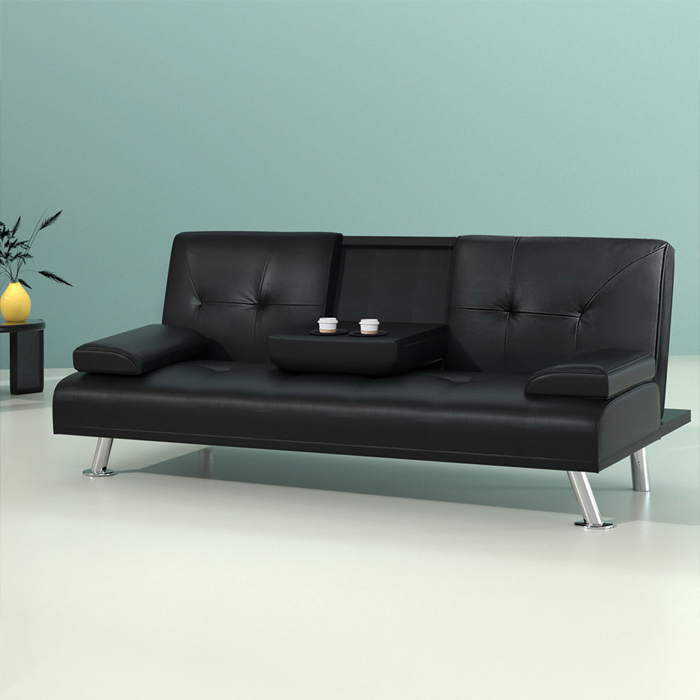 3 Seater PU Leather Sofa Bed - Black - Homecoze
