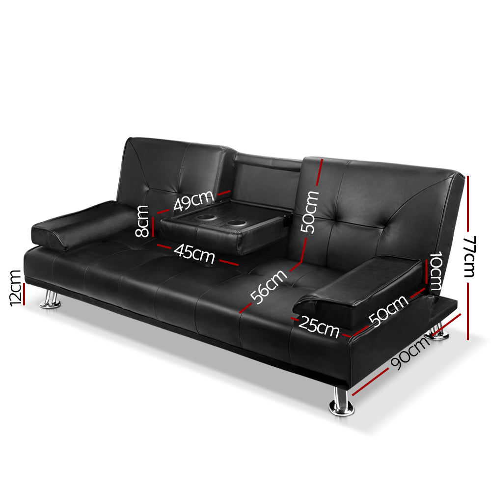 3 Seater PU Leather Sofa Bed - Black - Homecoze
