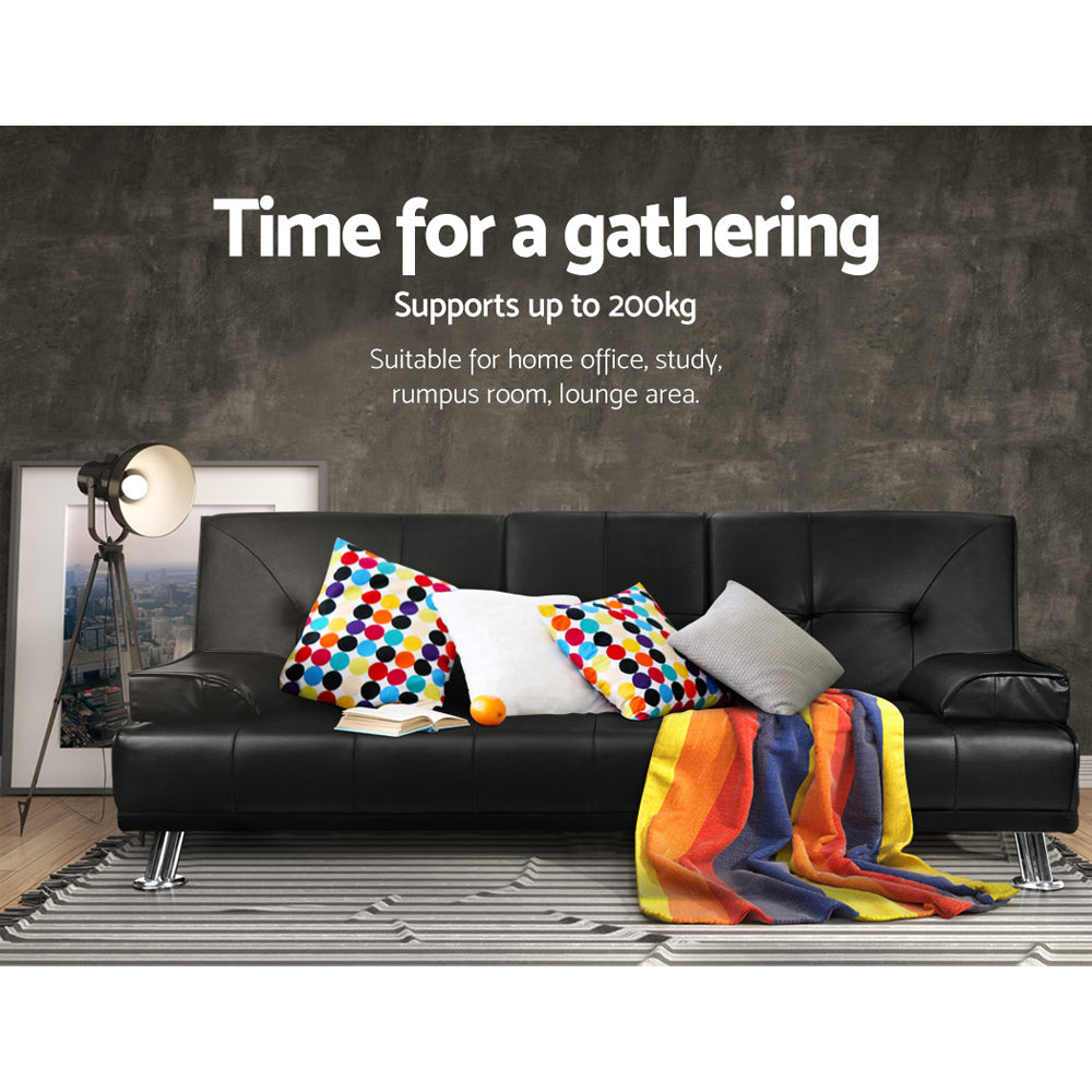 3 Seater PU Leather Sofa Bed - Black - Homecoze