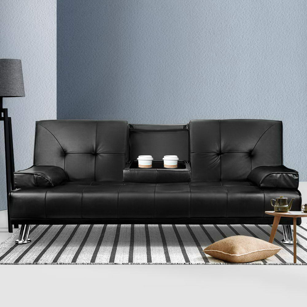3 Seater PU Leather Sofa Bed - Black - Homecoze