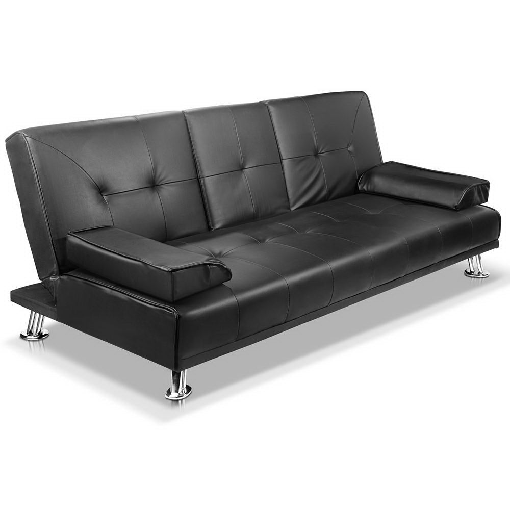 3 Seater PU Leather Sofa Bed - Black - Homecoze