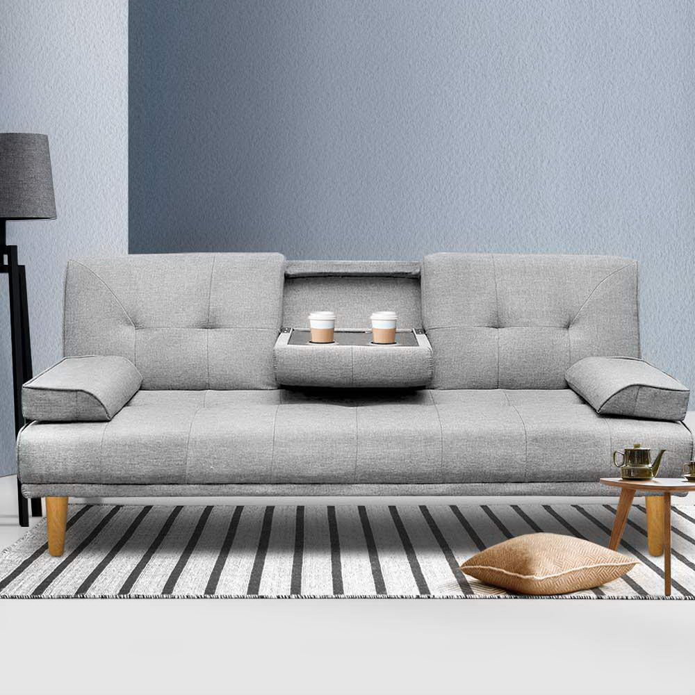3 Seater Sofa Bed Recliner Futon Lounge Faux Linen Fabric - Grey - Homecoze