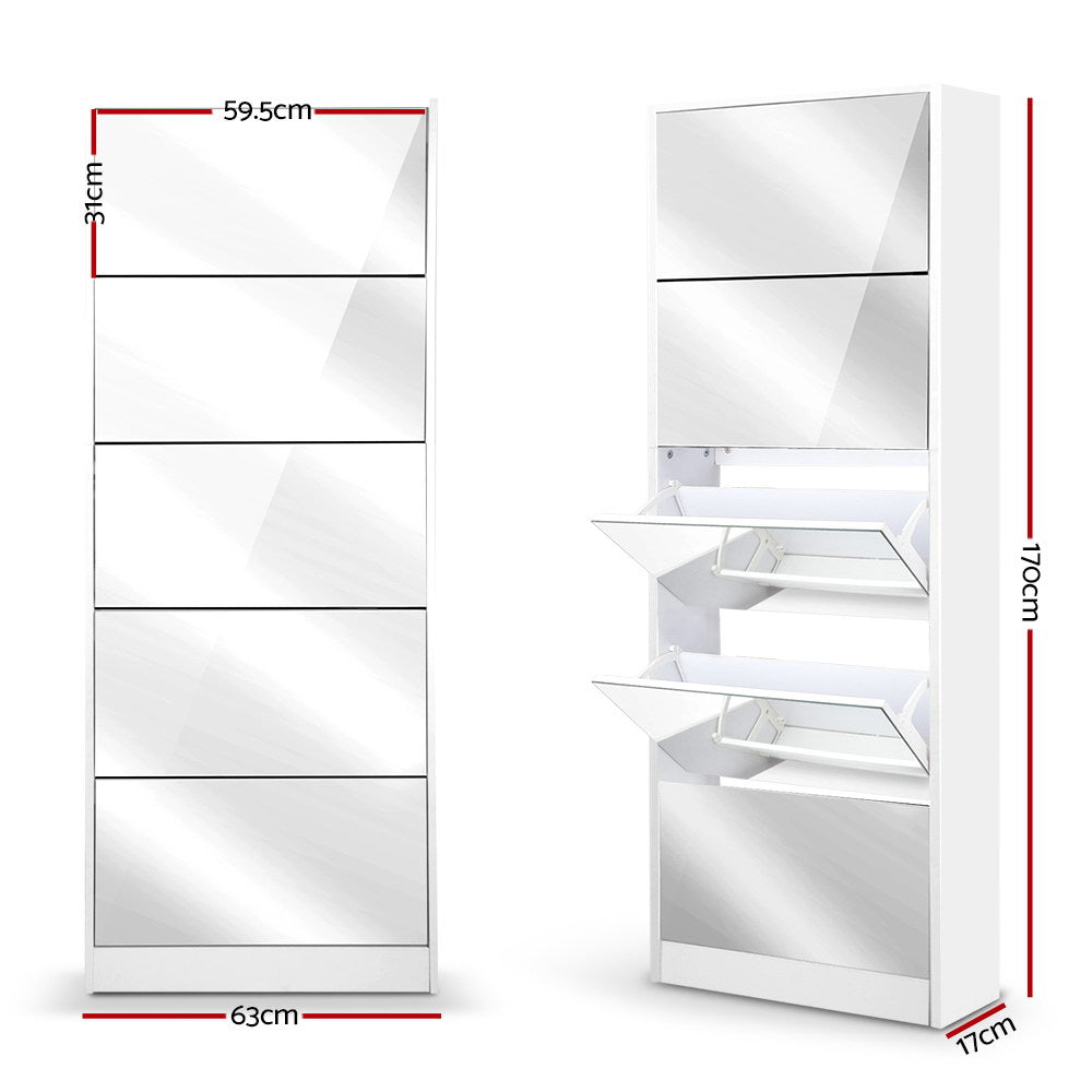 5 Drawer Mirrored Wooden Shoe Cabinet - White - Homecoze