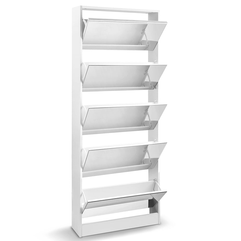 5 Drawer Mirrored Wooden Shoe Cabinet - White - Homecoze