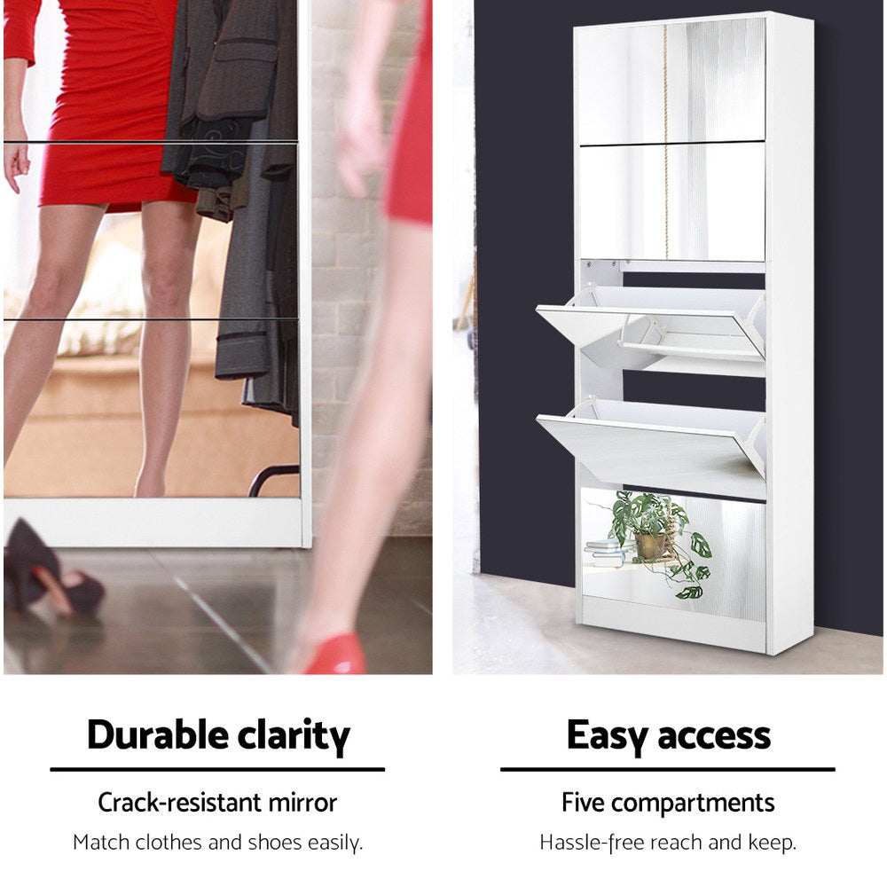 5 Drawer Mirrored Wooden Shoe Cabinet - White - Homecoze