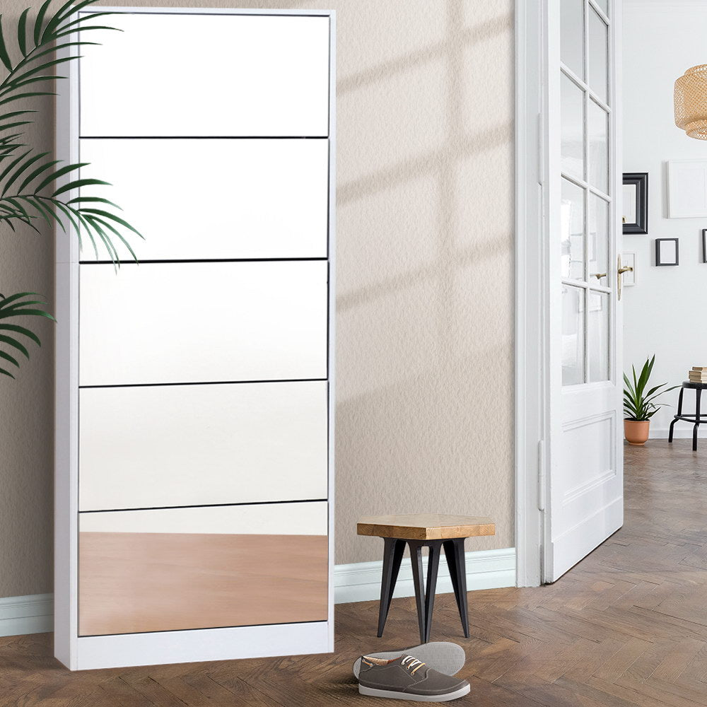 5 Drawer Mirrored Wooden Shoe Cabinet - White - Homecoze