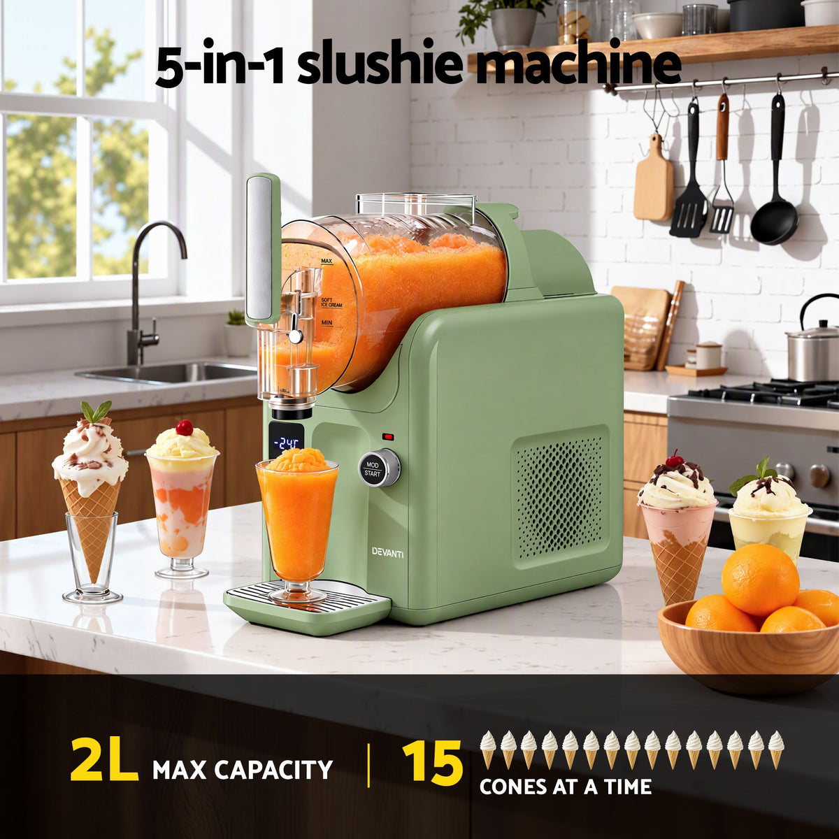Devanti 5in1 Slushie Machine Ice Cream Maker 2L Sage Green - Homecoze