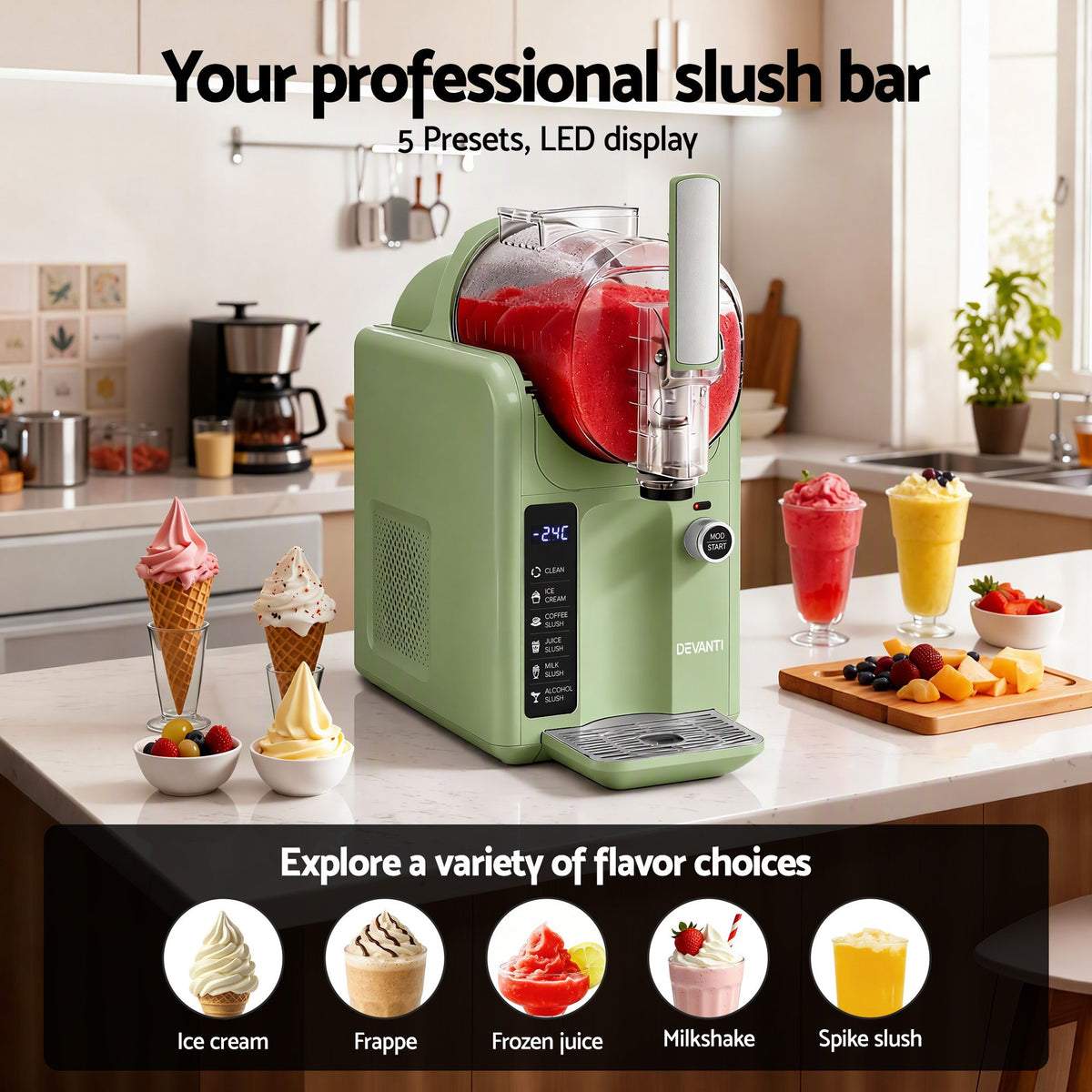 Devanti 5in1 Slushie Machine Ice Cream Maker 2L Sage Green - Homecoze