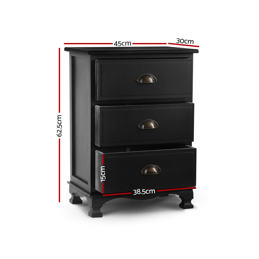 Elsie Vintage Bedside Table 3 Drawer – Black - Homecoze