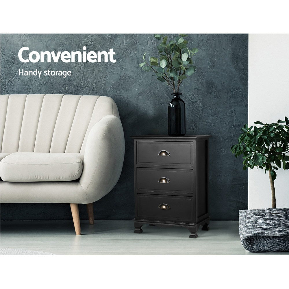Elsie Vintage Bedside Table 3 Drawer – Black - Homecoze