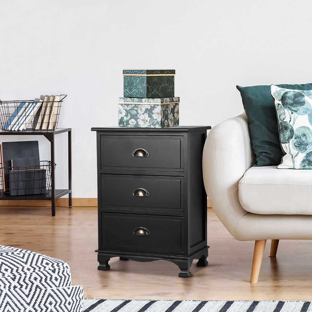 Elsie Vintage Bedside Table 3 Drawer – Black - Homecoze