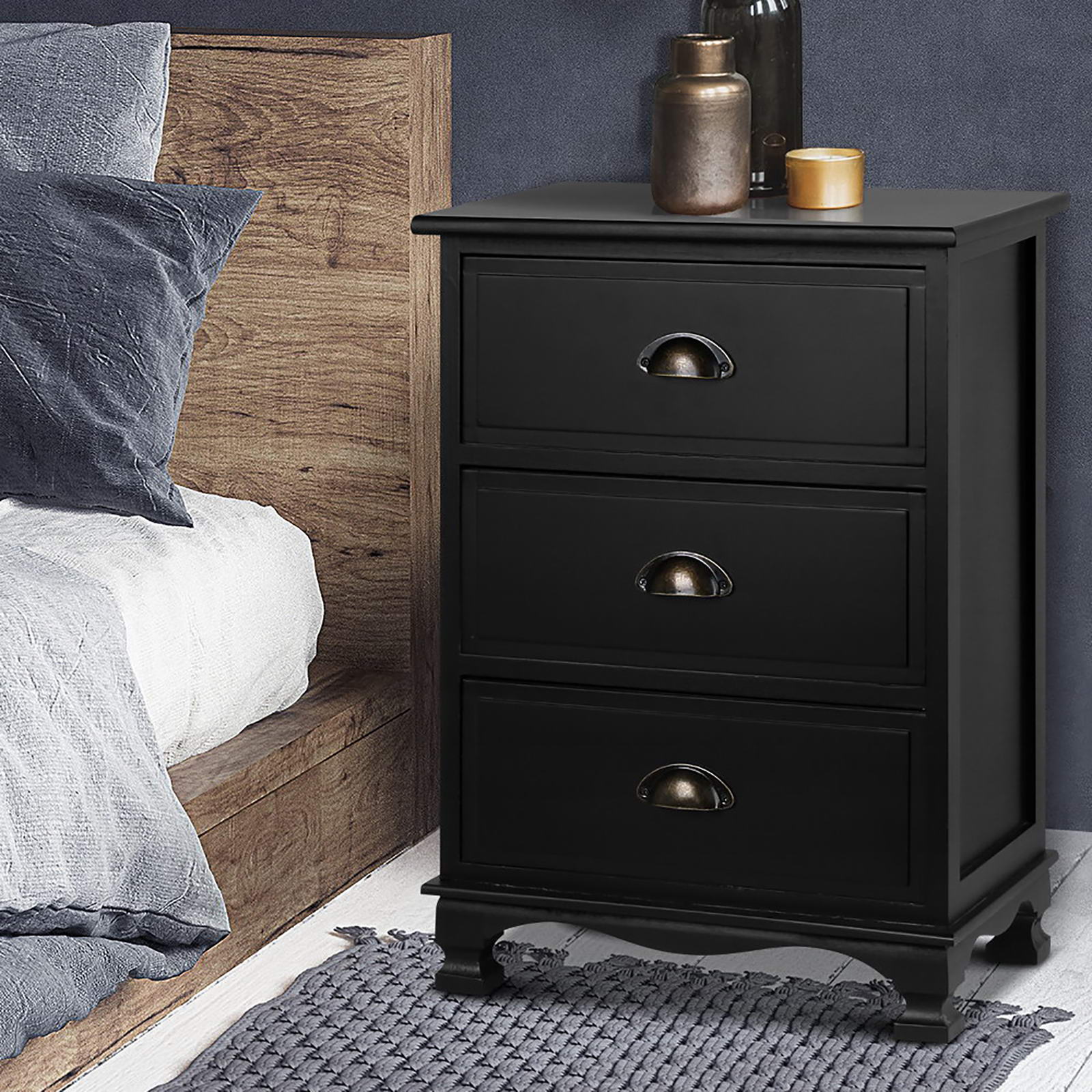 Elsie (Set of 2) Vintage Bedside Tables 3 Drawer – Black - Homecoze