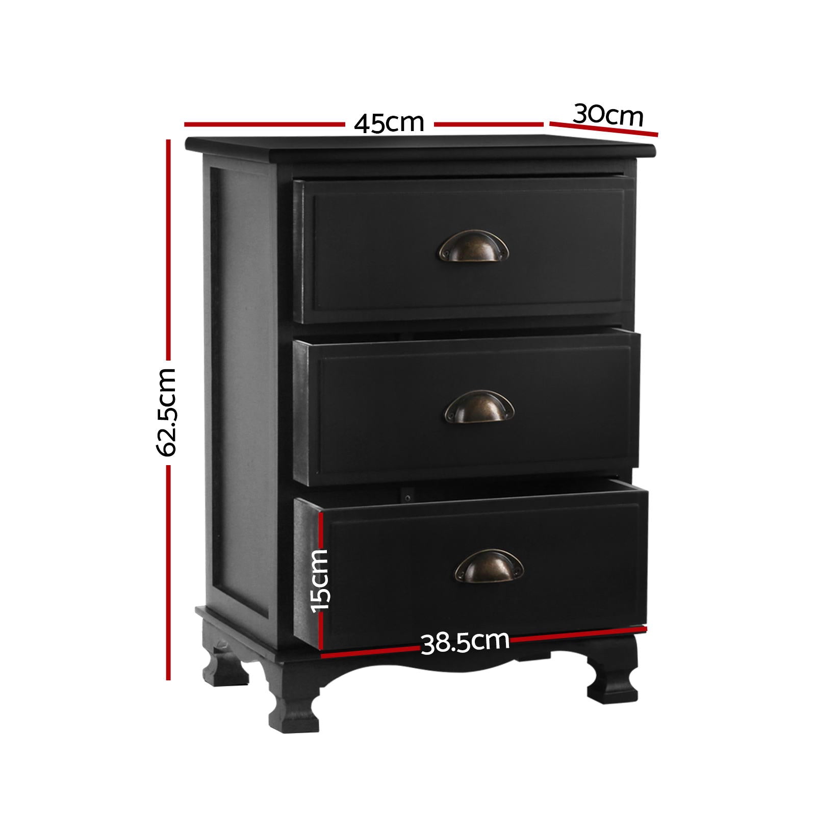 Elsie (Set of 2) Vintage Bedside Tables 3 Drawer – Black - Homecoze