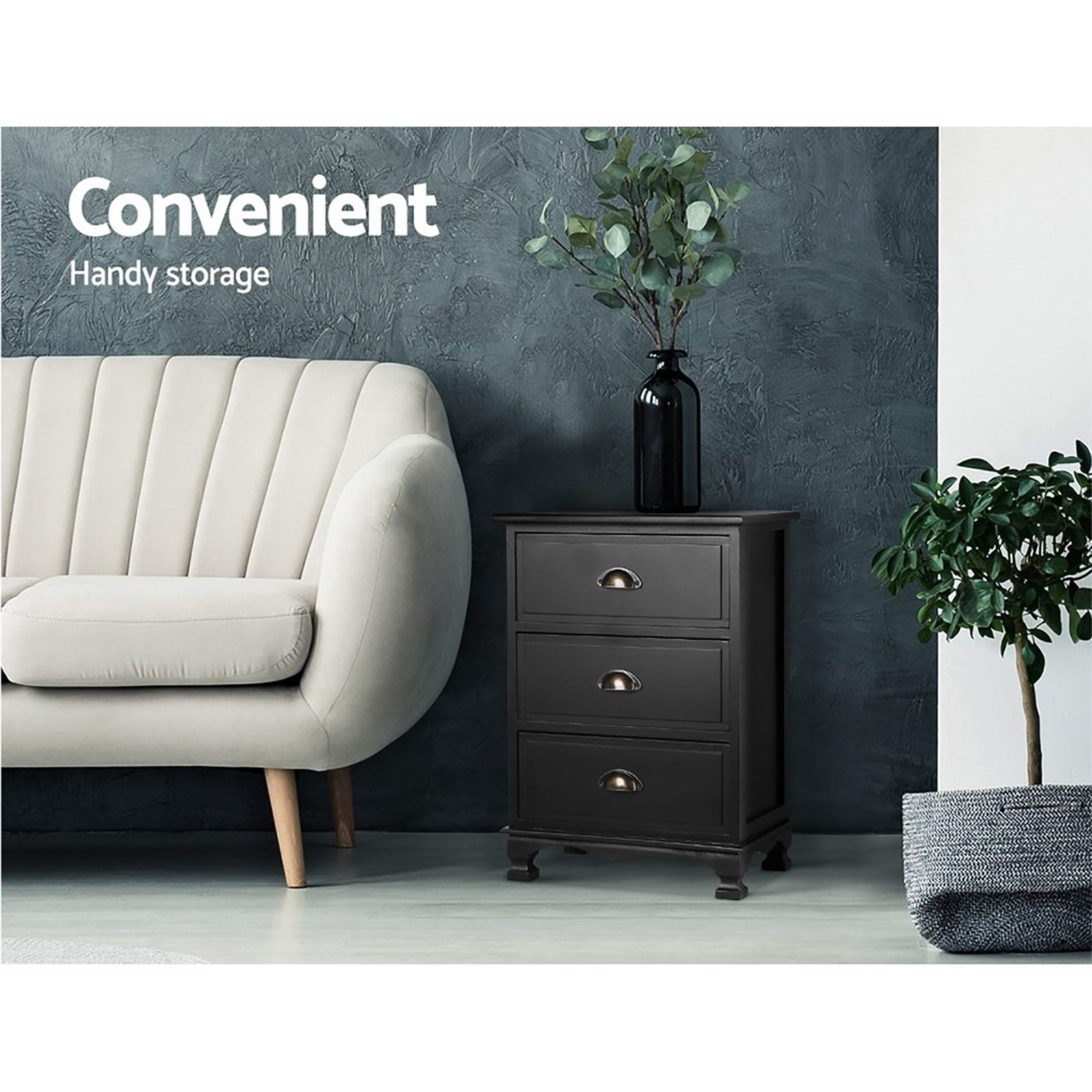 Elsie (Set of 2) Vintage Bedside Tables 3 Drawer – Black - Homecoze