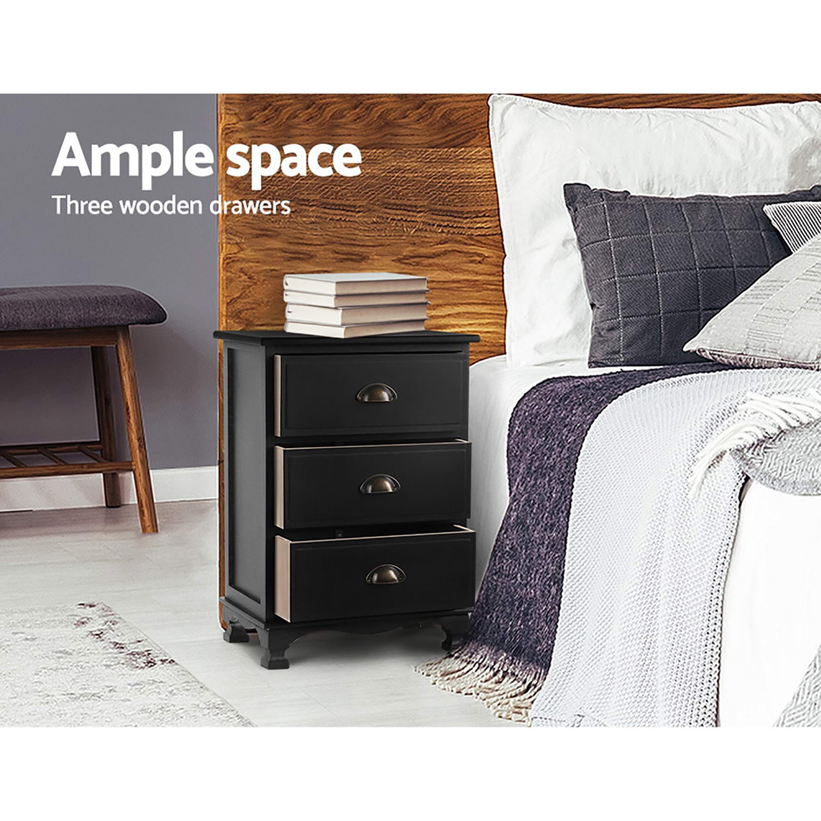 Elsie (Set of 2) Vintage Bedside Tables 3 Drawer – Black - Homecoze