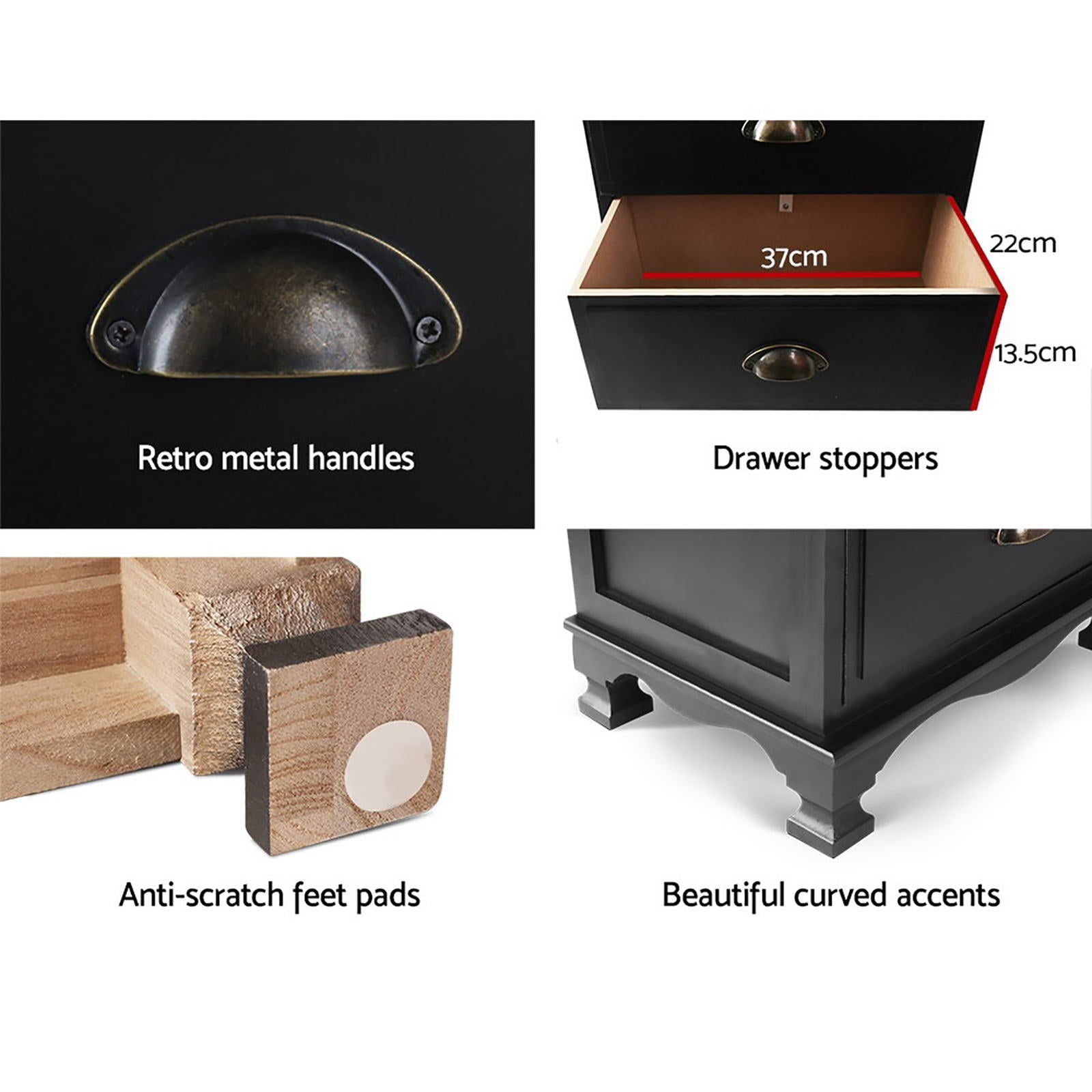 Elsie (Set of 2) Vintage Bedside Tables 3 Drawer – Black - Homecoze