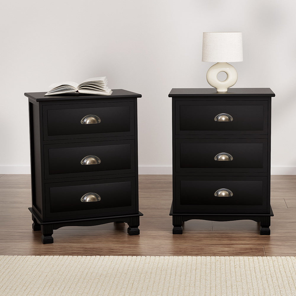 Elsie (Set of 2) Vintage Bedside Tables 3 Drawer – Black - Homecoze
