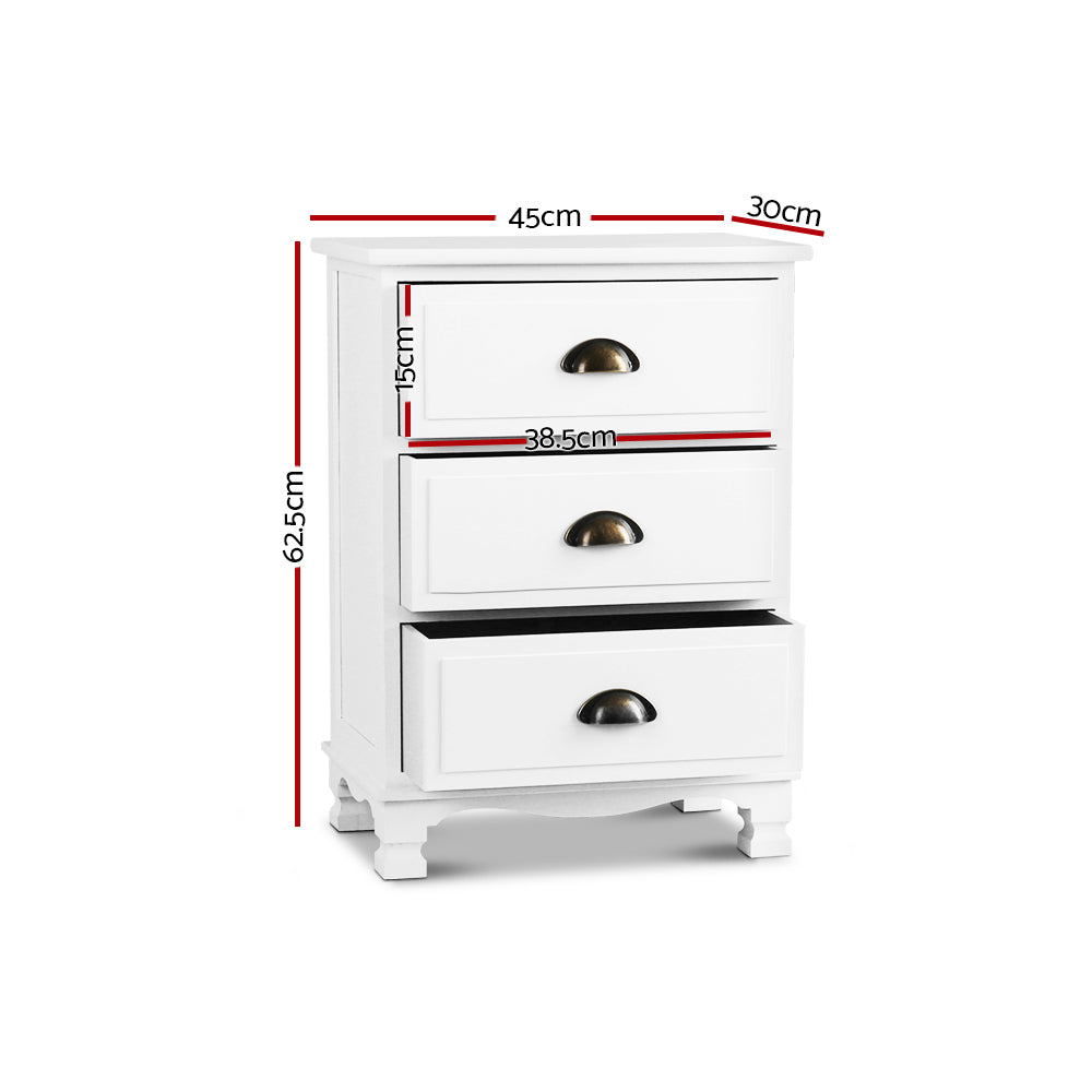 Elsie Vintage Bedside Table 3 Drawer – White - Homecoze