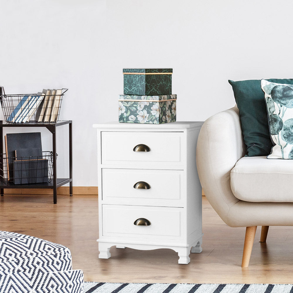 Elsie (Set of 2) Vintage Bedside Tables 3 Drawer – White - Homecoze