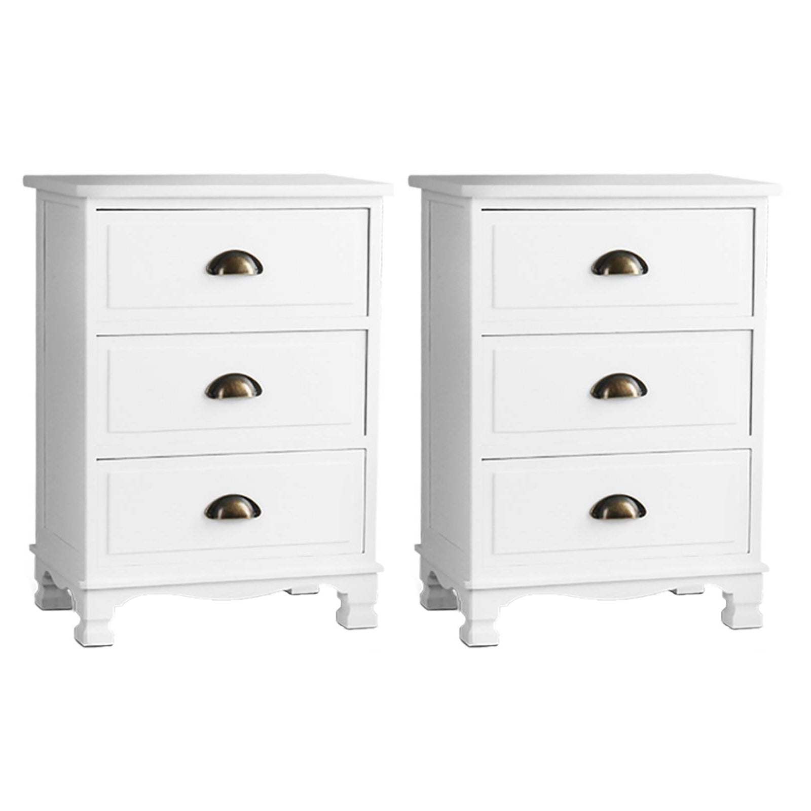 Vintage Style Retro 3 Drawer Bedside Table Chest of Drawers (Set of 2) - White - Homecoze