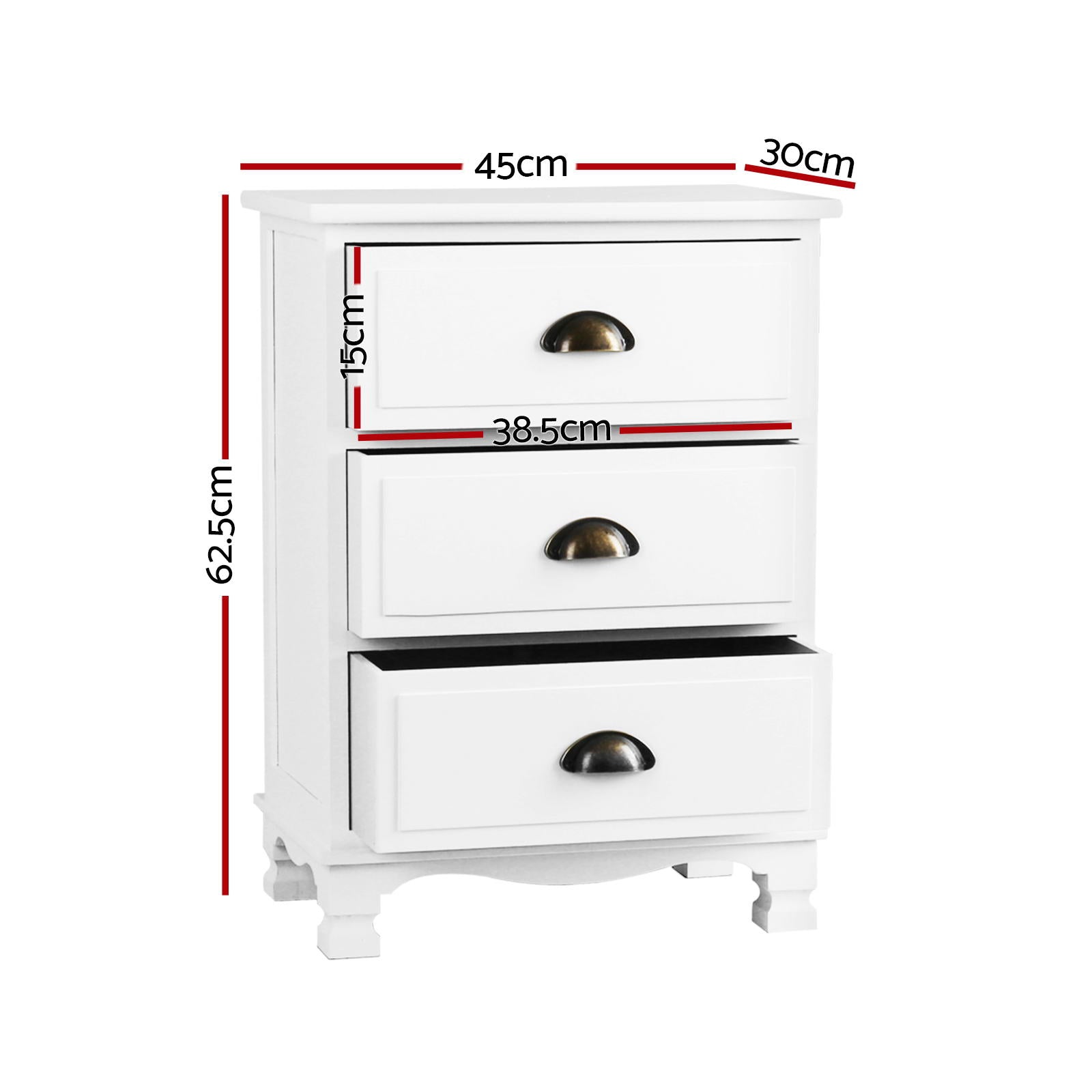 Vintage Style Retro 3 Drawer Bedside Table Chest of Drawers (Set of 2) - White - Homecoze