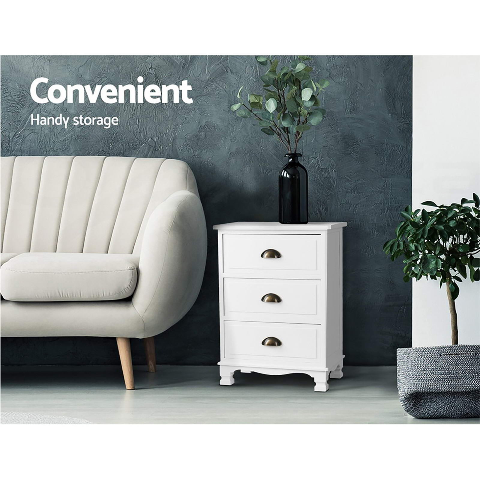 Vintage Style Retro 3 Drawer Bedside Table Chest of Drawers (Set of 2) - White - Homecoze