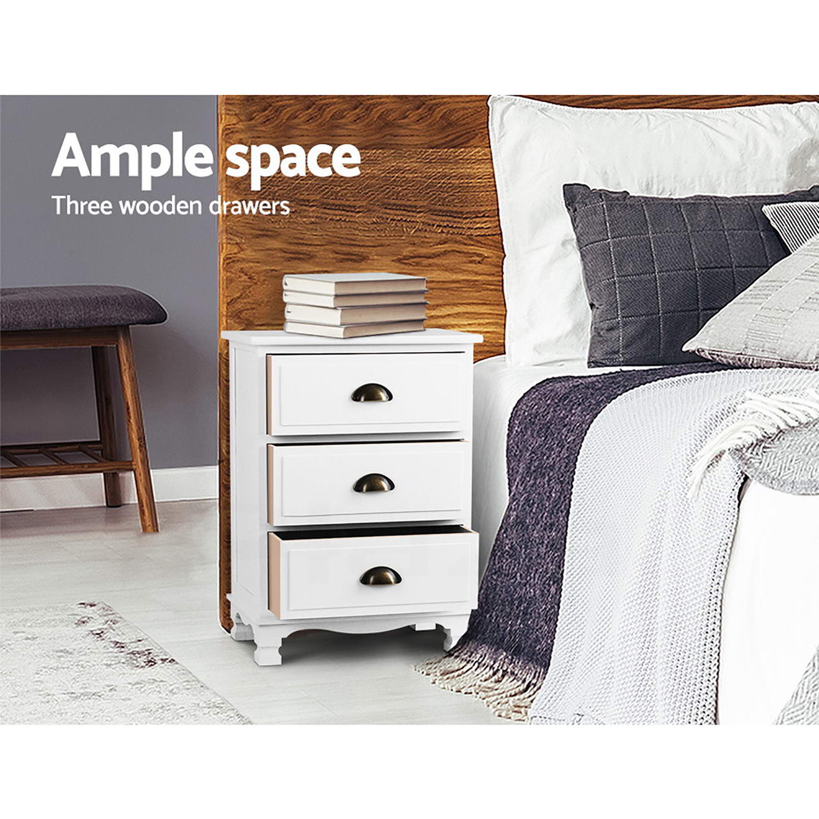 Vintage Style Retro 3 Drawer Bedside Table Chest of Drawers (Set of 2) - White - Homecoze