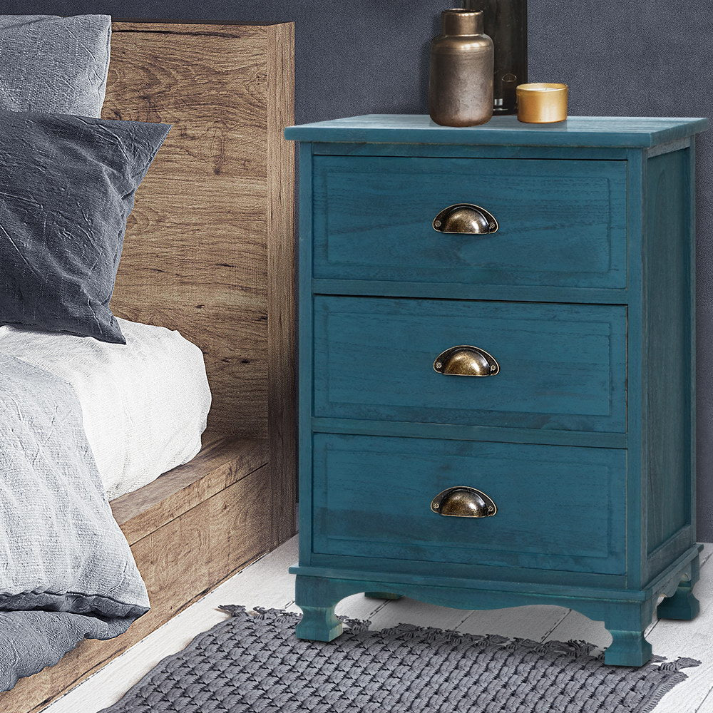 Vintage Style 3 Drawer Bedside Table - Blue - Homecoze