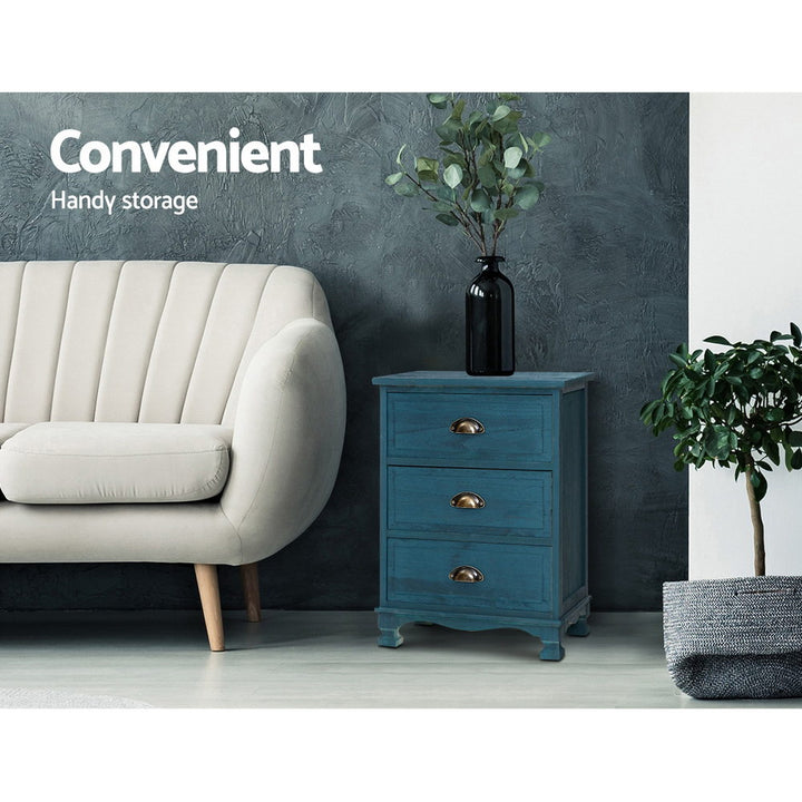 Vintage Style 3 Drawer Bedside Table - Blue - Homecoze