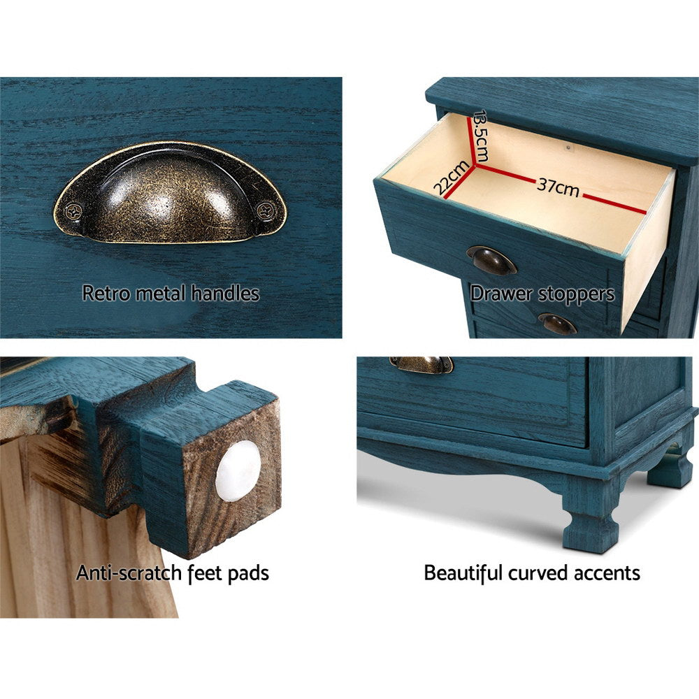 Vintage Style 3 Drawer Bedside Table - Blue - Homecoze