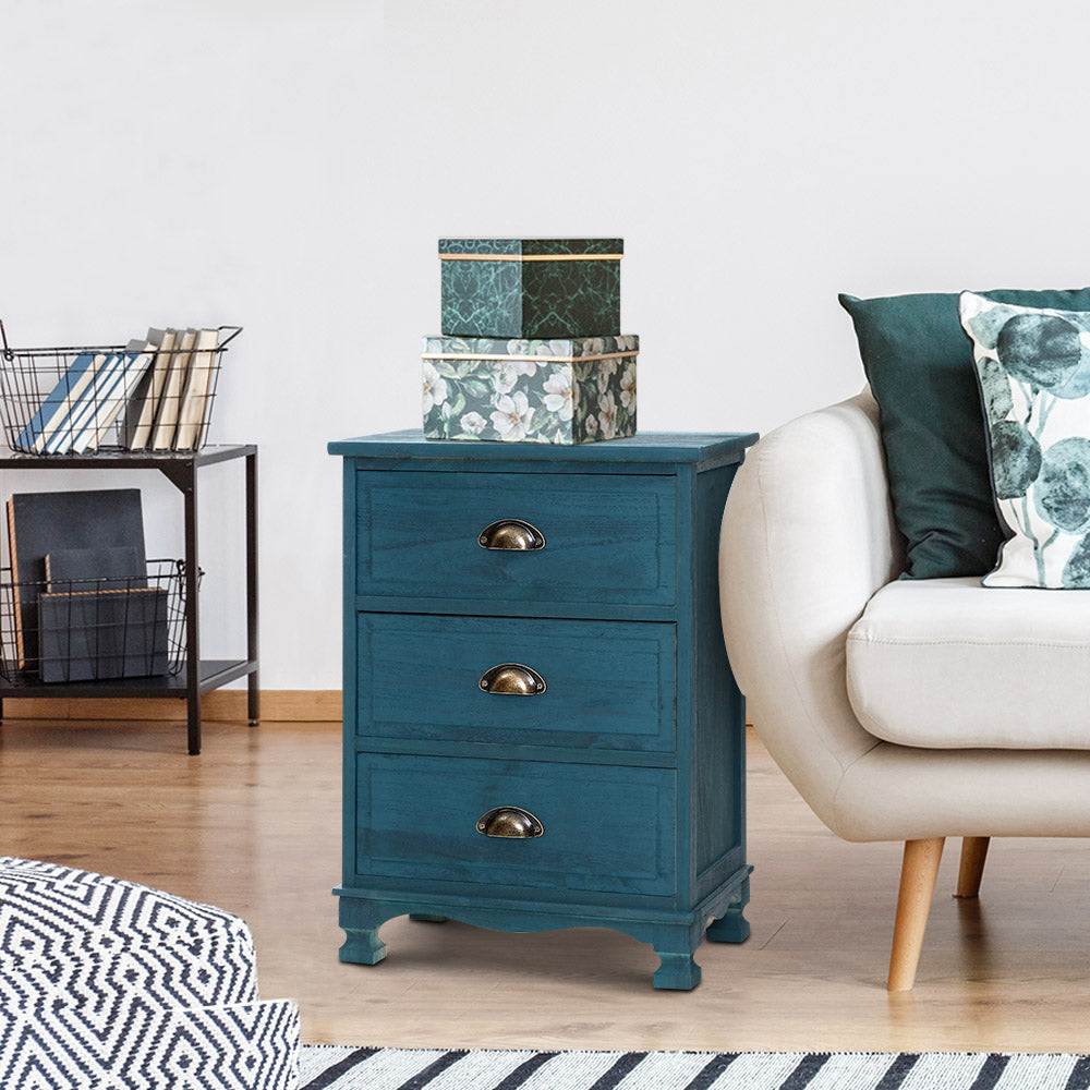 Vintage Style 3 Drawer Bedside Table - Blue - Homecoze