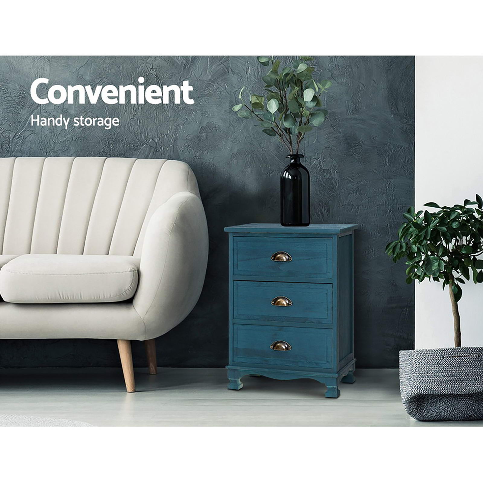 Artiss 2x Bedside Table 3 Drawers Vintage - THYME Blue - Homecoze