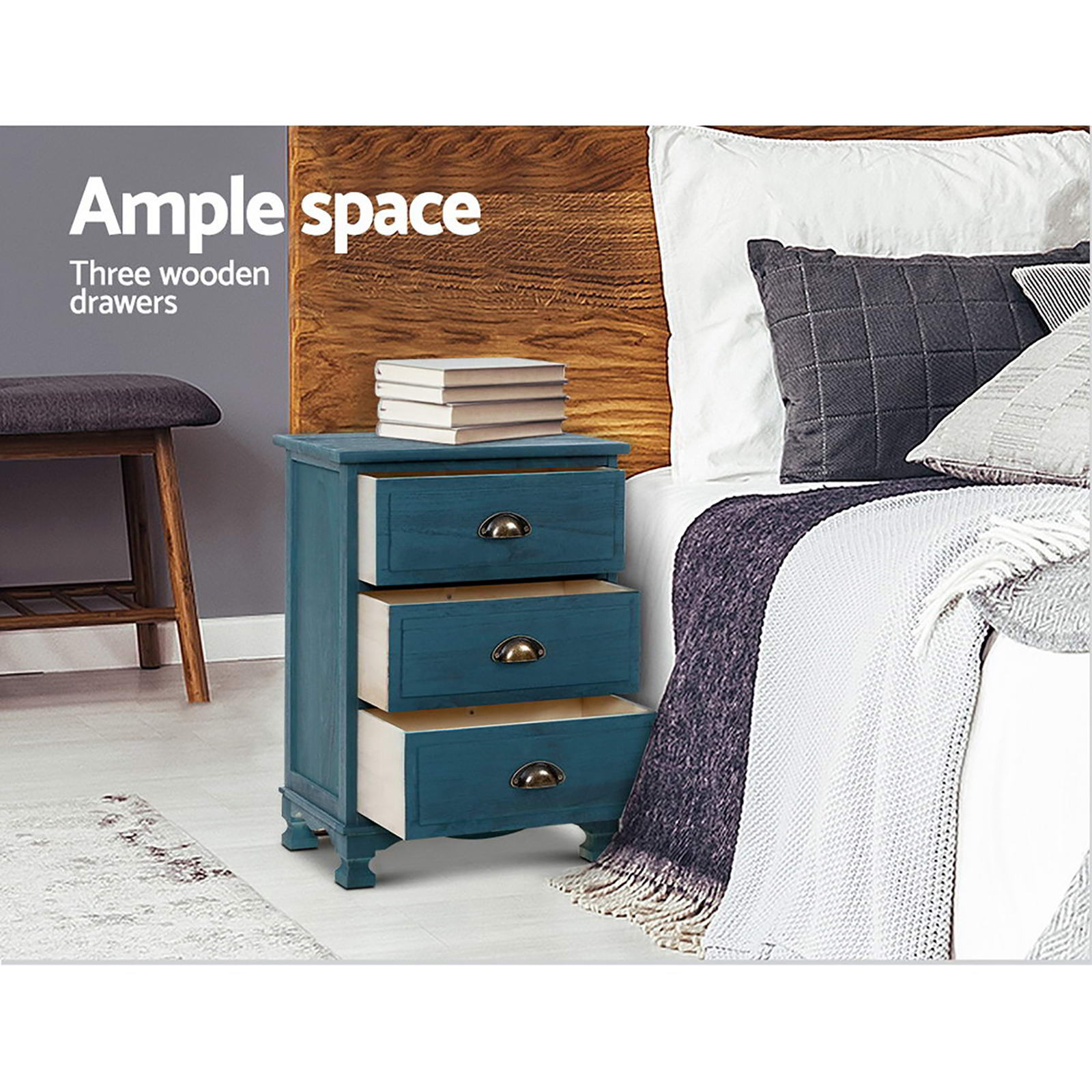 Artiss 2x Bedside Table 3 Drawers Vintage - THYME Blue - Homecoze