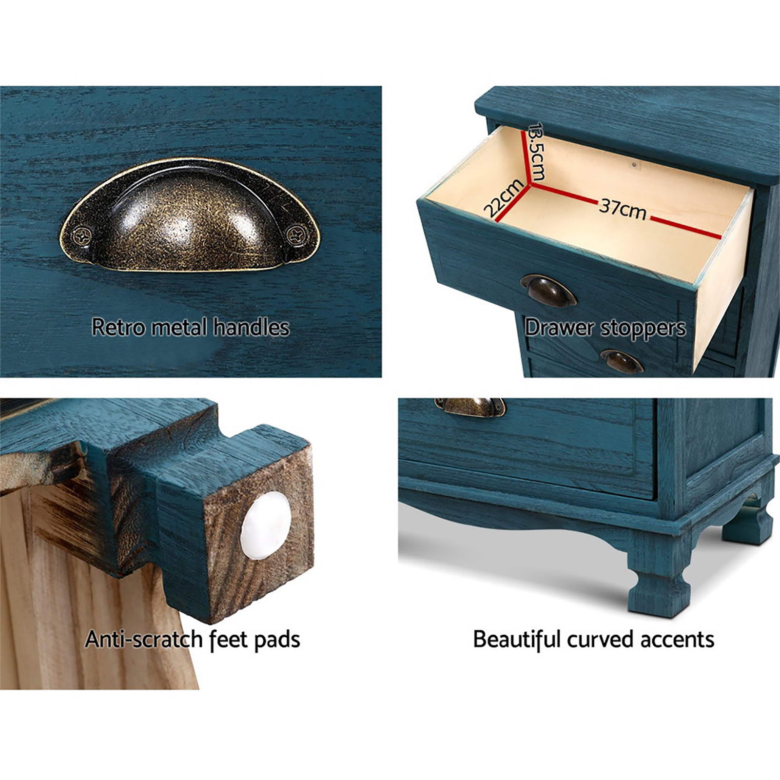 Artiss 2x Bedside Table 3 Drawers Vintage - THYME Blue - Homecoze