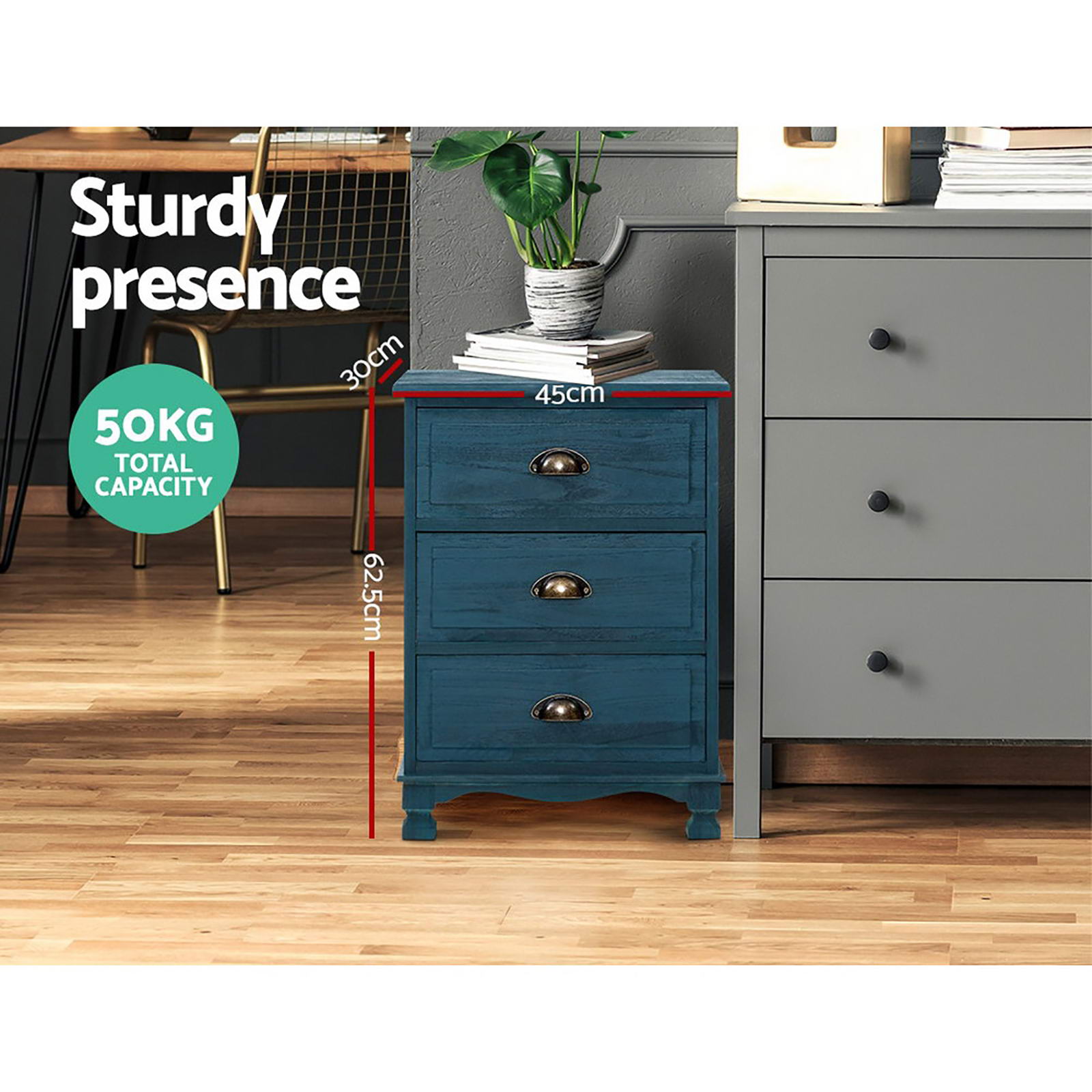 Elsie Vintage Bedside Table 3 Drawer – Blue - Homecoze