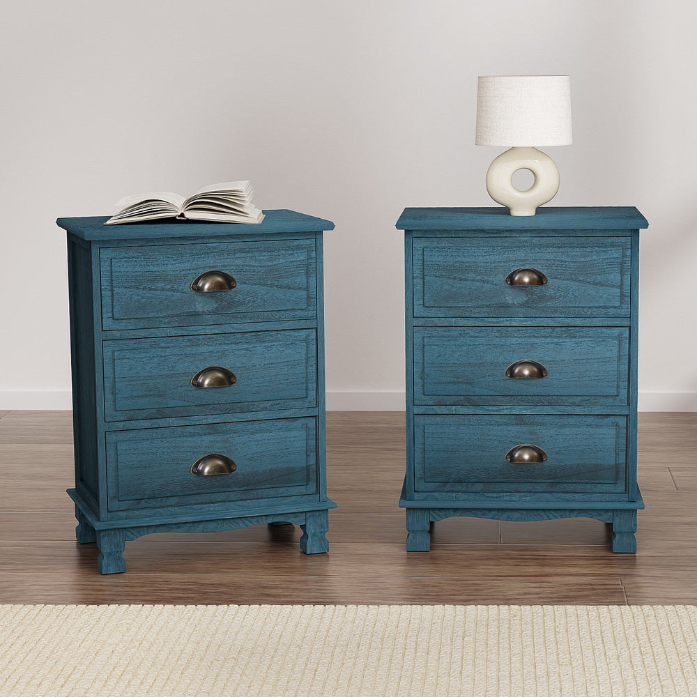Artiss 2x Bedside Table 3 Drawers Vintage - THYME Blue - Homecoze