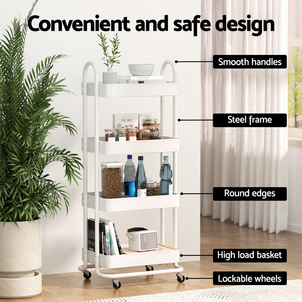4-Tier Storage Trolley Kitchen Cart - White - Homecoze
