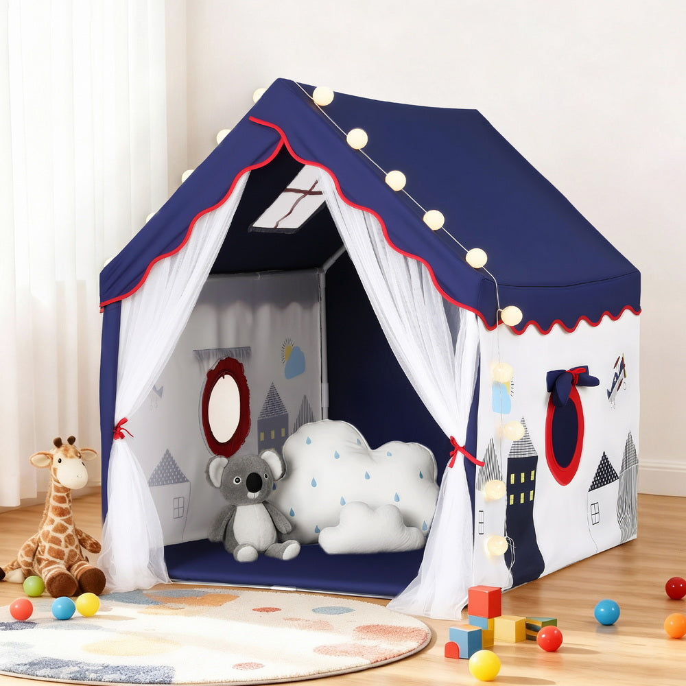 Kids Playhouse Castle Tent with String Lights - Blue - Homecoze