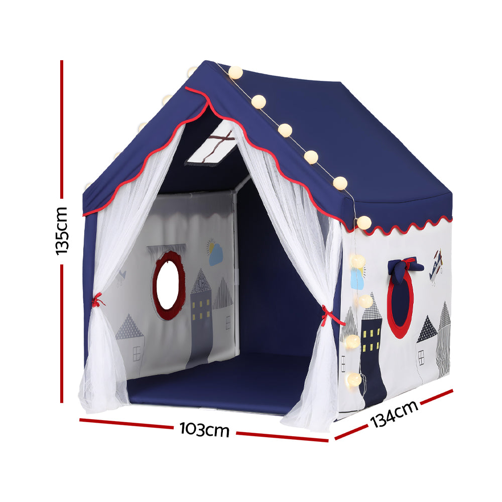 Kids Playhouse Castle Tent with String Lights - Blue - Homecoze