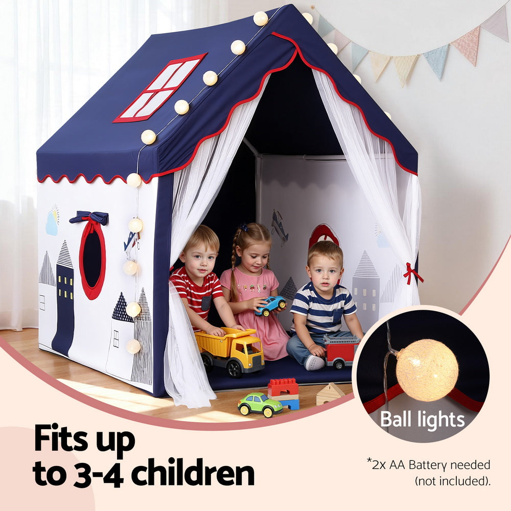 Kids Playhouse Castle Tent with String Lights - Blue - Homecoze