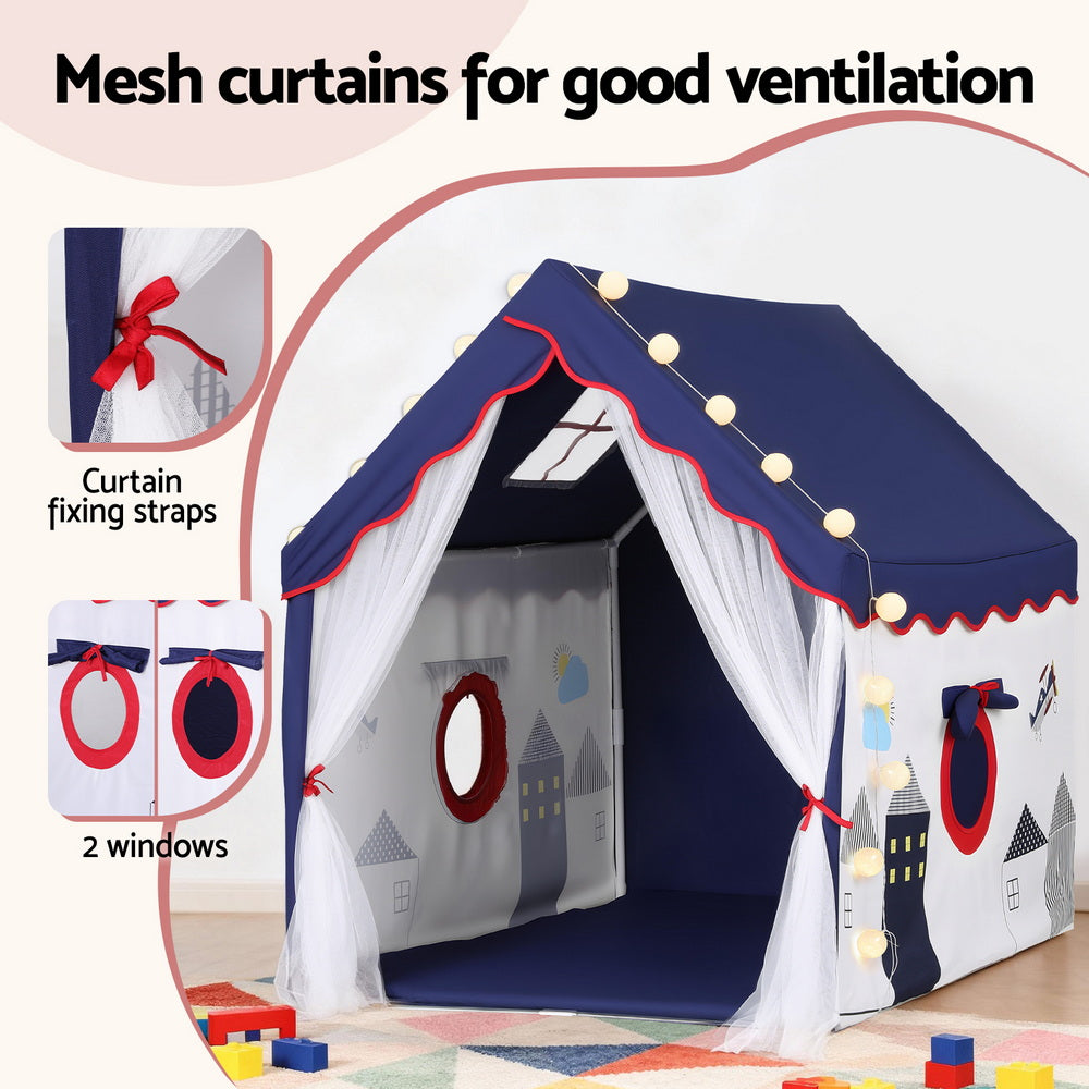 Kids Playhouse Castle Tent with String Lights - Blue - Homecoze