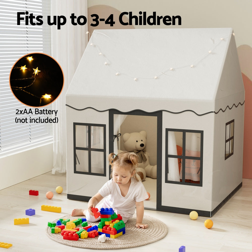 Kids Playhouse Castle Tent with String Lights - White