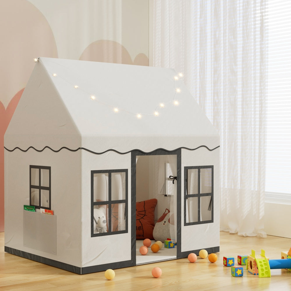 Kids Playhouse Castle Tent with String Lights - White