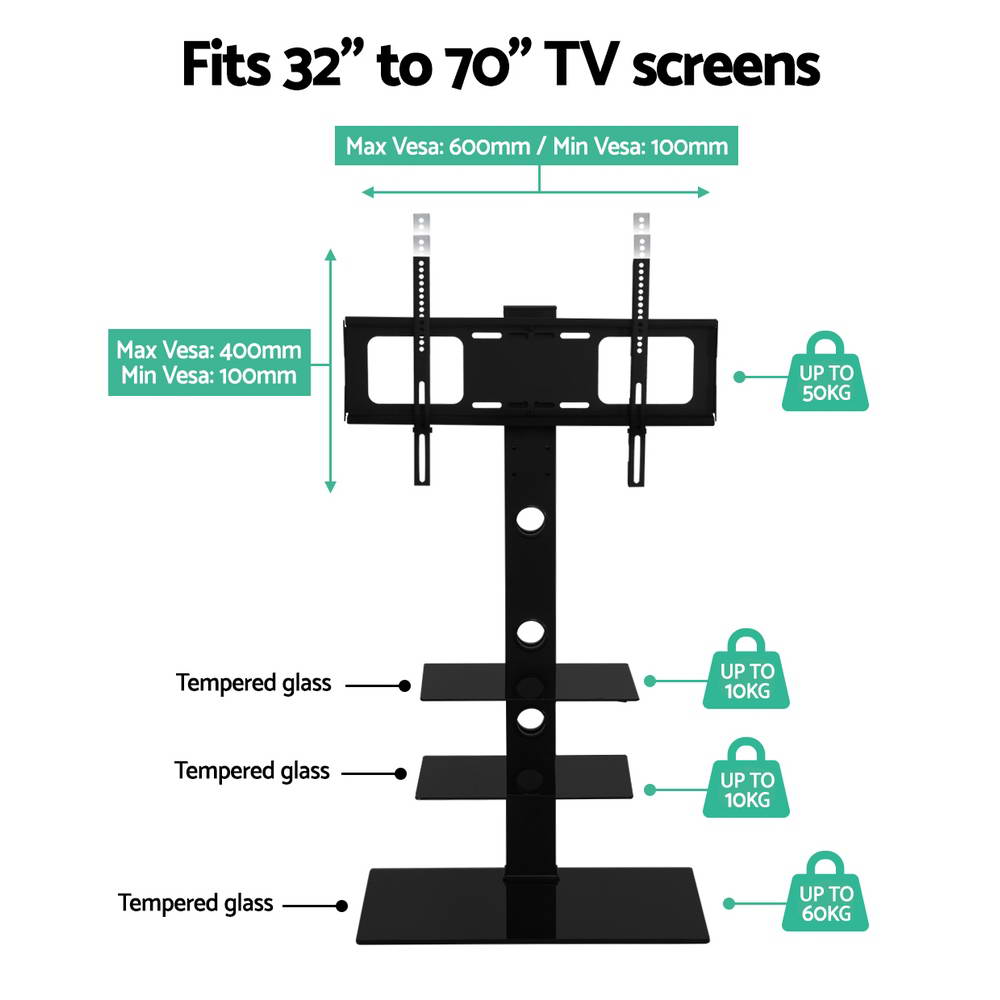 Floor TV Stand Bracket Mount Swivel Height Adjustable 32 to 70 Inch Black - Homecoze