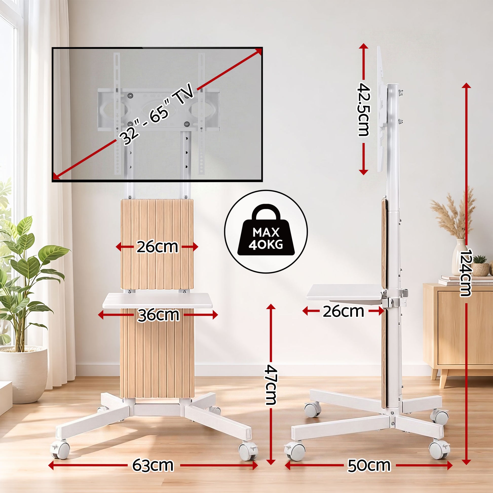 Artiss Mobile TV Floor Stand for 32-65" Mount Bracket Universal Adjustable Height with Wheels - Homecoze
