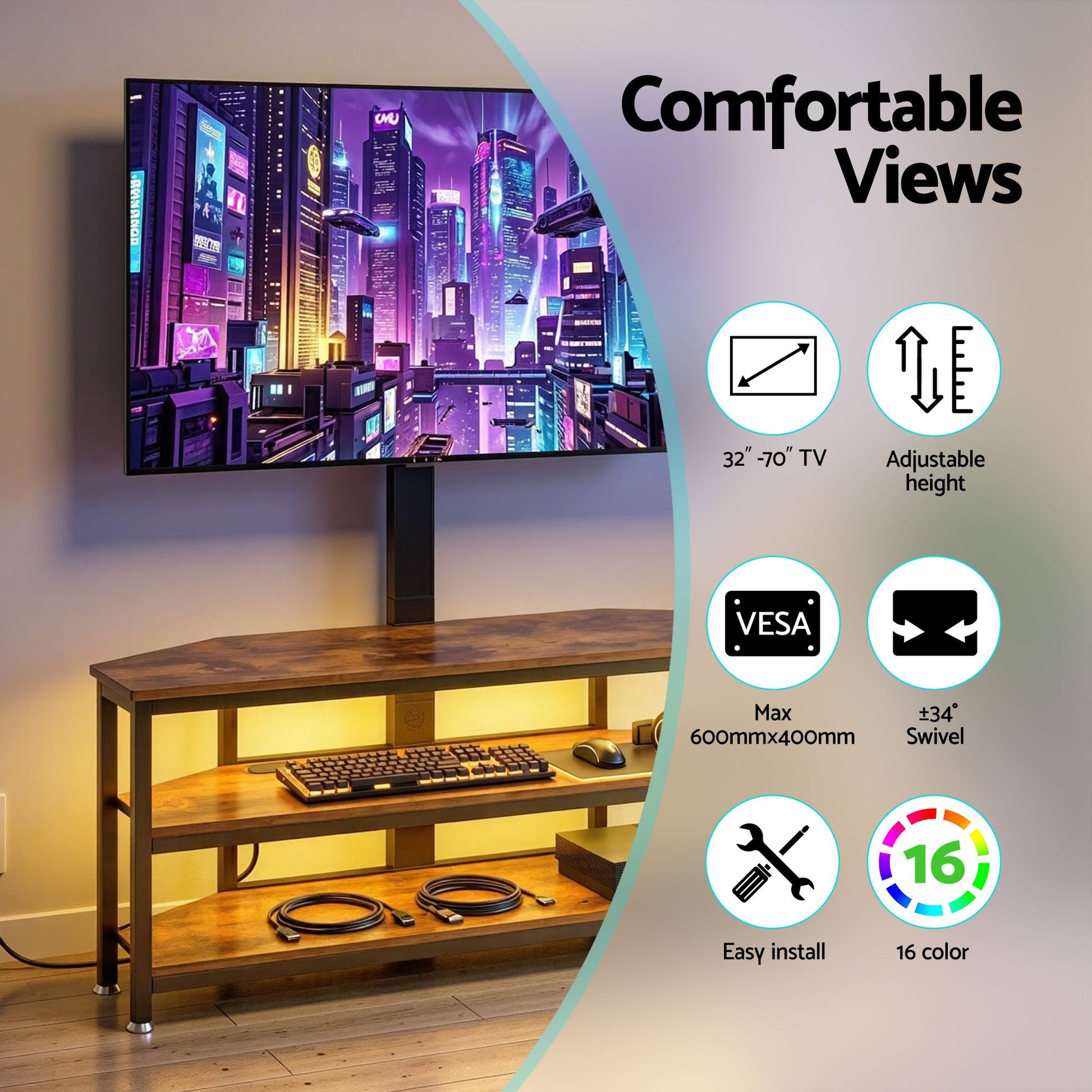 Artiss Corner TV Stand 32-70" w/ Mount LED Lights & Power Outlet Space Saving - Homecoze