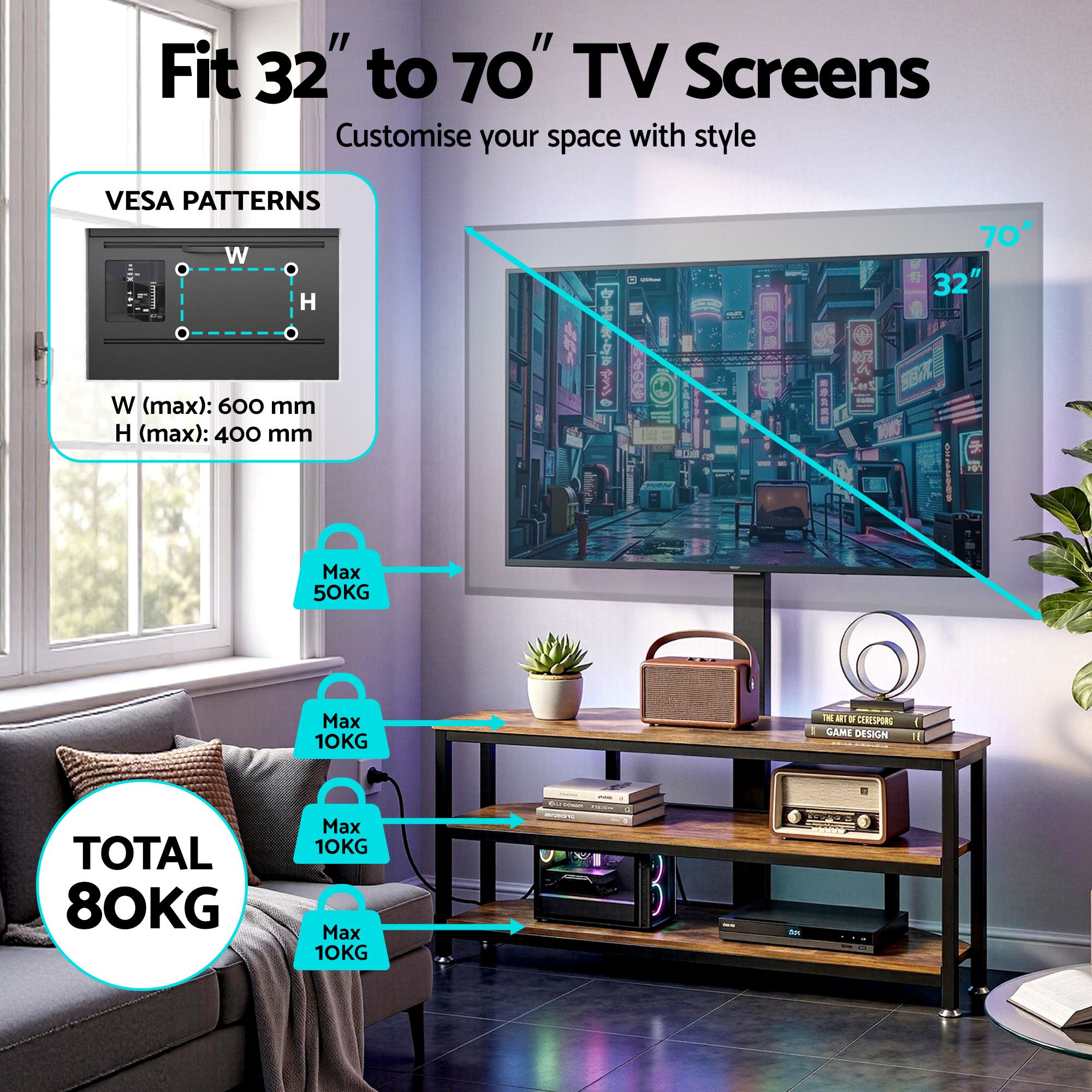Artiss Corner TV Stand 32-70" w/ Mount LED Lights & Power Outlet Space Saving - Homecoze