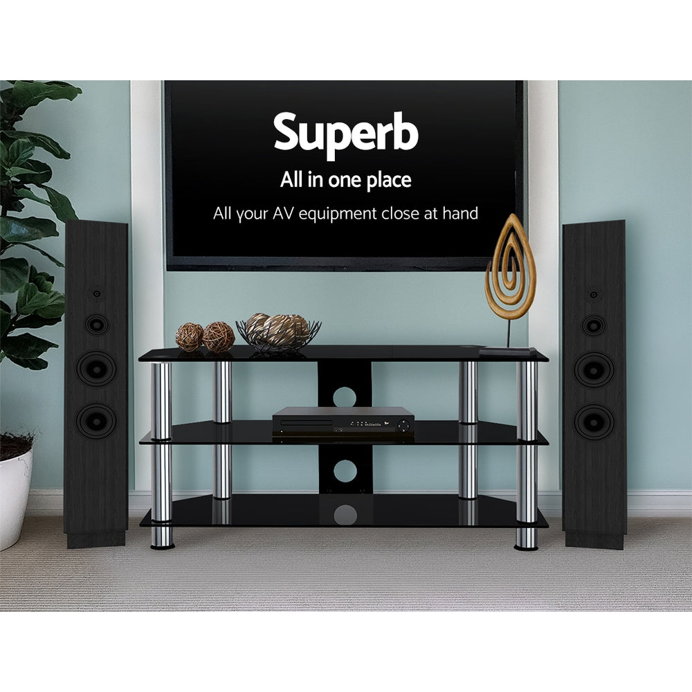 3 Tier Tempered Glass TV Stand Entertainment Unit - Black - Homecoze