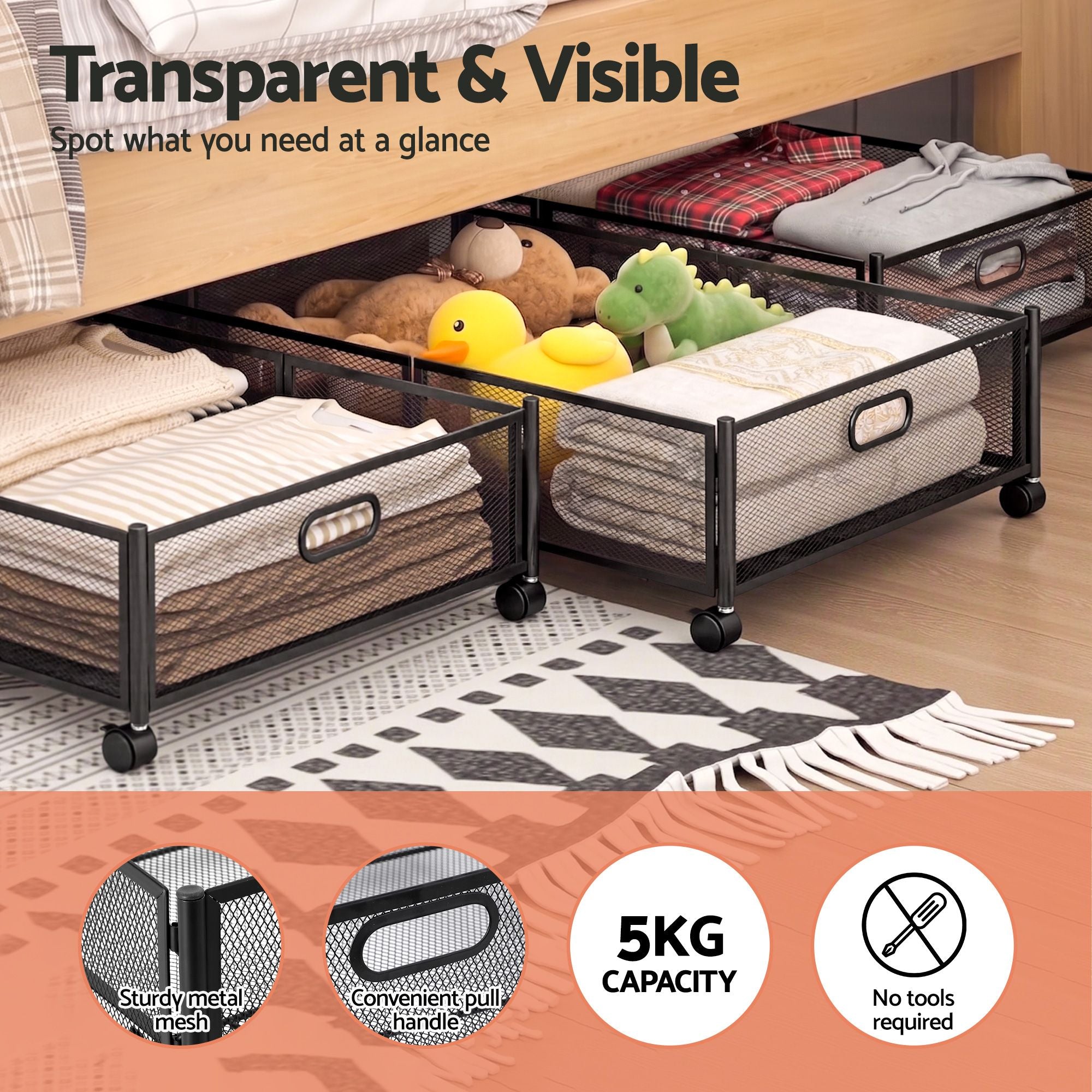 Under Bed Storage Drawers (4-Pack) – Black
