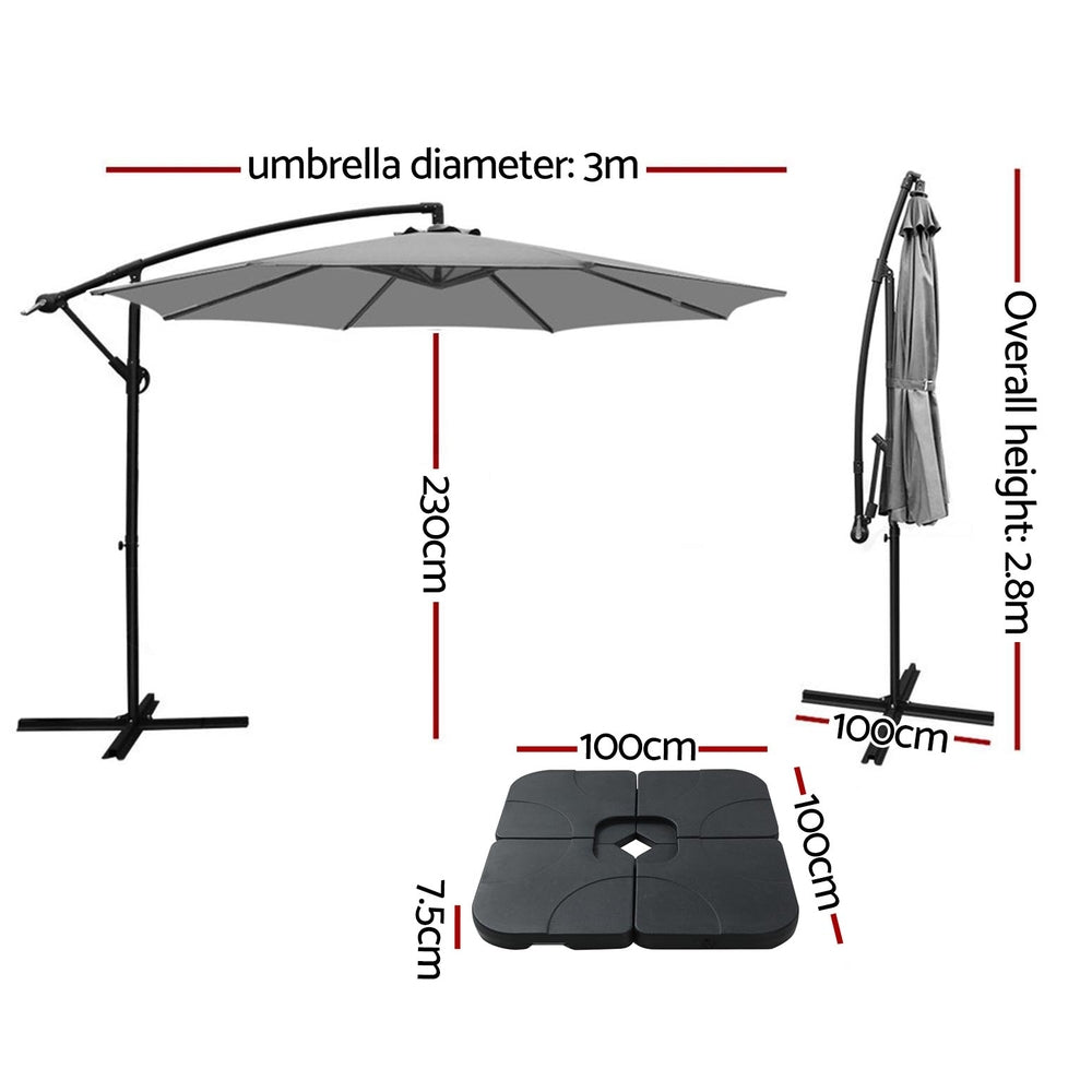 3m Cantilever Umbrella with Base - Grey - Homecoze